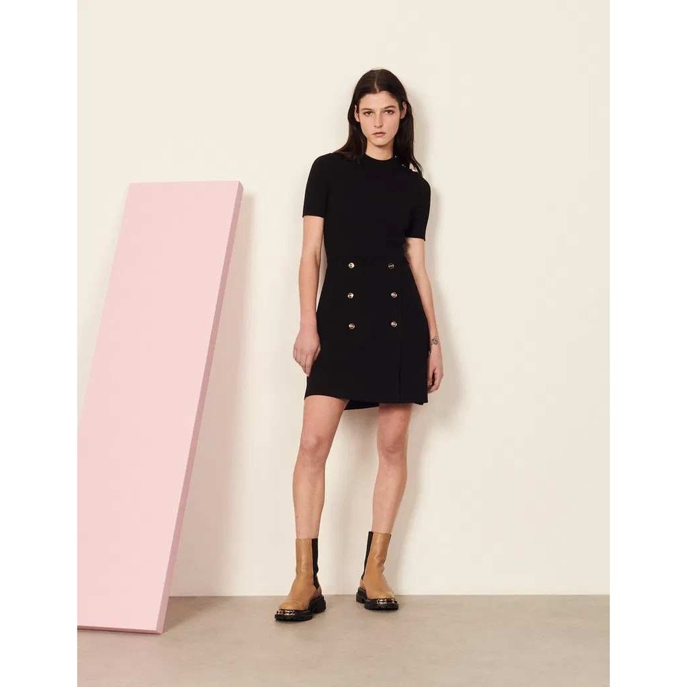 Sandro Black Ribbed Knit Short Sleeve A-Line Dress Gold Button Detail Size 36 - Picture 2 of 14